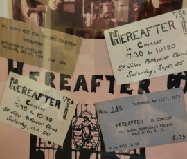 Watson Pryor made this collage of memorabilia - a live performance photo from a St. John's concert, a poster we had made of a photo in front of a St. John's stained glass window, some tickets for our concerts (ca 1973).