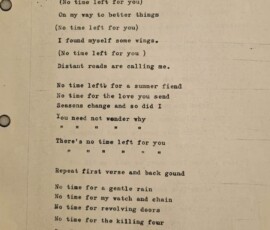 Lyric sheet for No Time, to be performed at the 1970 Battle of the Bands.